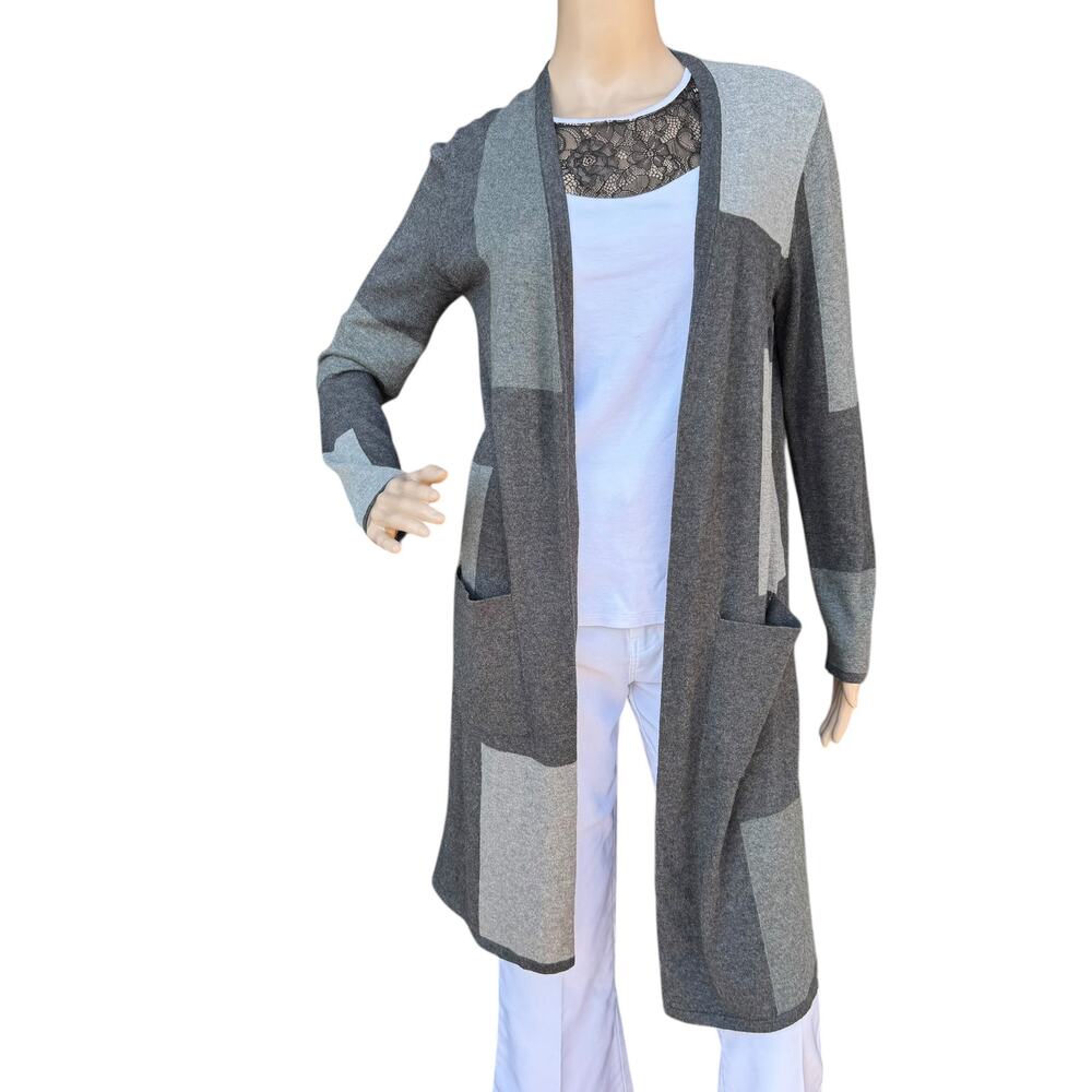 J Jill Gray Colorblock Duster Cardigan Long Open Front Pocket Sweater Women XS